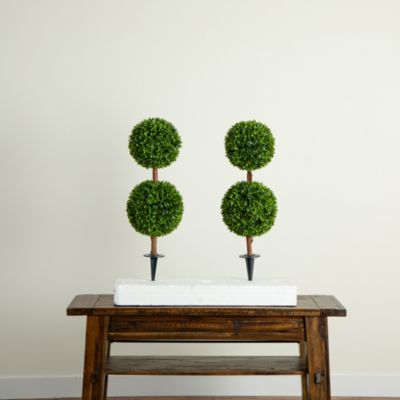 3&#39; UV Resistant Artificial Double Ball Boxwood Topiary with Integrated Ground Stake (Indoor/Outdoor), Set of 2