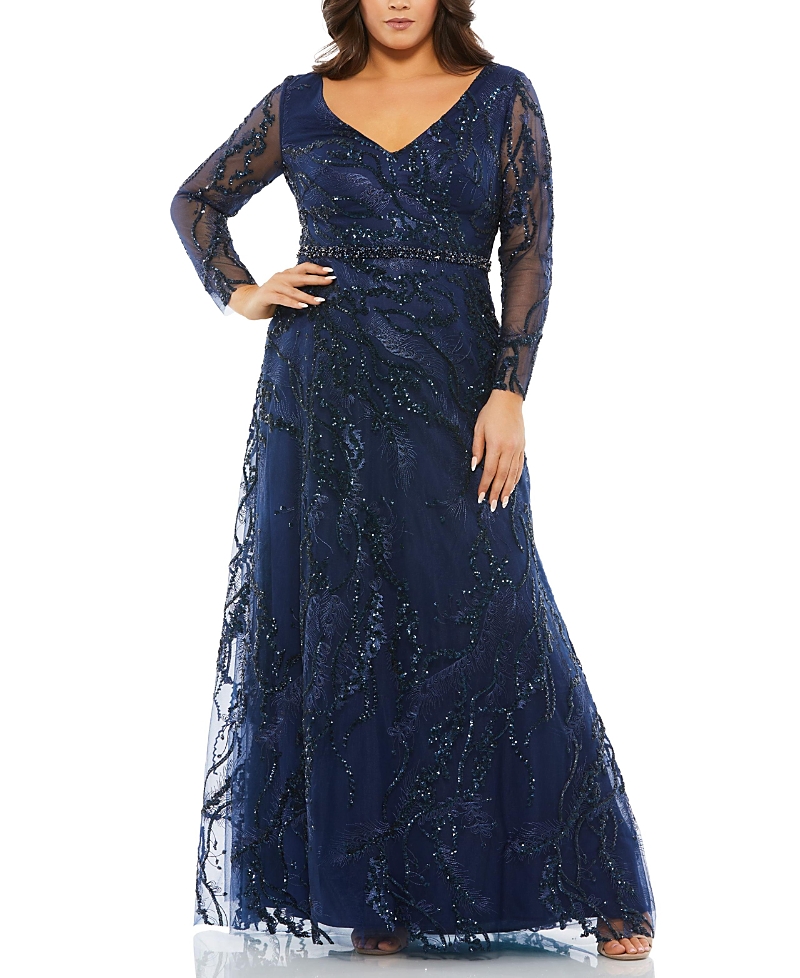 Mac Duggal Plus Size Embellished Illusion Long Sleeve V-Neck A-Line Gown