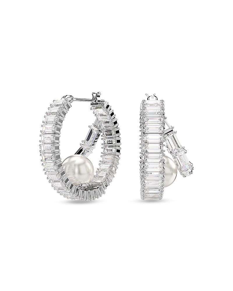 Swarovski Ariana Grande Imitation Pearl & Crystal Baguette Small Hoop Earrings In Silver