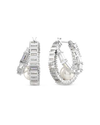 Ariana Grande Imitation Pearl & Crystal Baguette Small Hoop Earrings