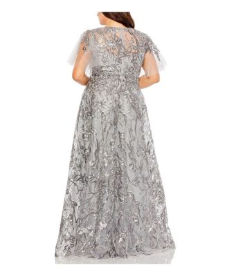  Plus High Neck Flutter Sleeve Embellished A-Line Gown