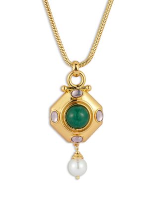 Aqua Imitation Pearl & Stone Vintage Inspired Snake Chain Pendant Necklace - Exclusive