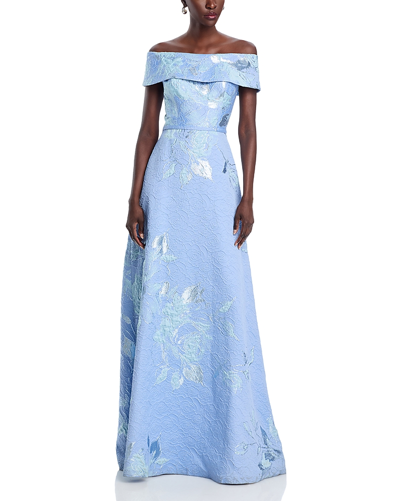 Teri Jon by Rickie Freeman Off-the-Shoulder Metallic Floral Jacquard Gown