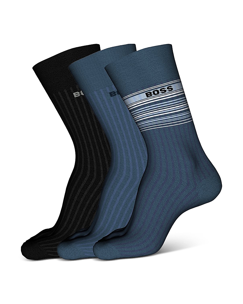 Shop Hugo Boss Ribbed Stripe Logo Crew Socks, Pack Of 3 In Medium Blue