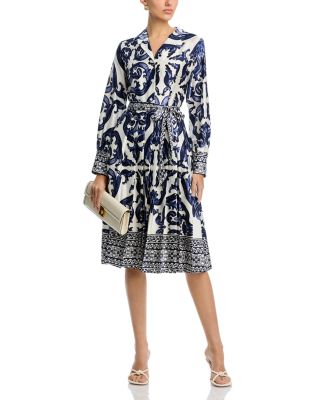 Floral Long Sleeve Lapel Collar Tie Belt Dress