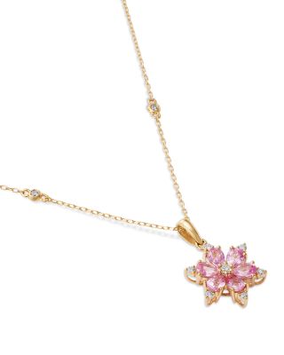Pink Sapphire & Diamond Flower Pendant Necklace in 14K Yellow Gold, 18"