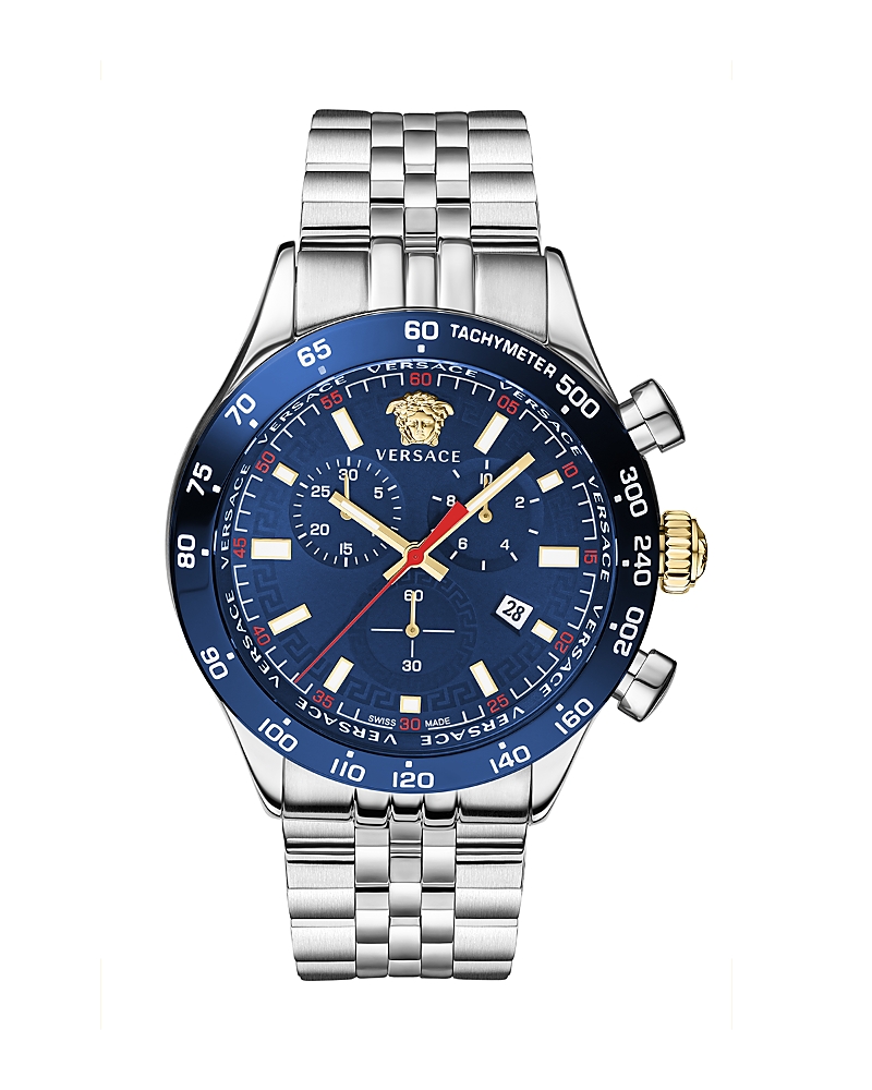 Versace Men's Hellenyium Silver Stainless Steel Bracelet Watch, 44mm In Blue/silver