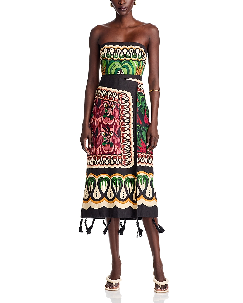 Farm Rio Coconut Tree Mixed Scarf Print Strapless Linen Blend Dress In Beige Multi