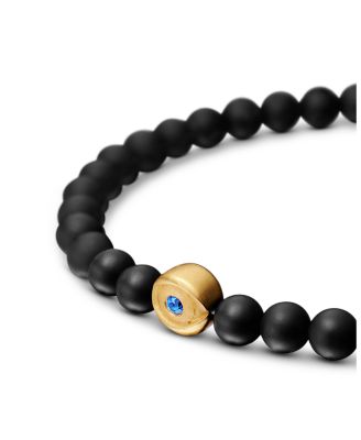 Men's Spiritual Beads Evil Eye Bracelet with Black Onyx, Sapphire and 18K Yellow Gold, 4mm