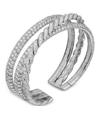 David Yurman - Sculpted Cable Flex Three Row Bracelet in 18K White Gold with Diamonds, 18.5mm