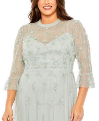  Plus Flutter Half Length Sleeve High Neck Embellished  Dress