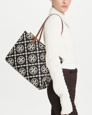 T Monogram Contrast Leather Tote