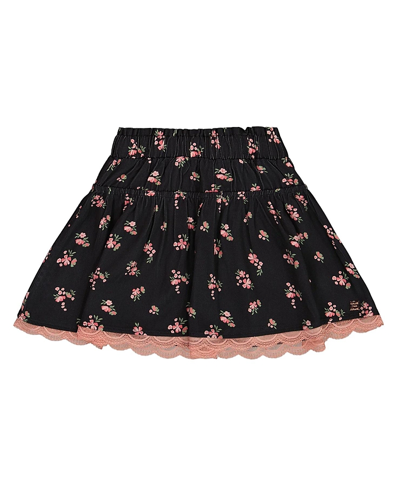Deux Par Deux Girl's Printed Flowers Flare Viscose Skirt Black In Small Flowers On Black