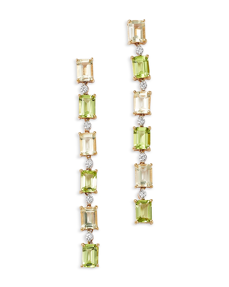 BLOOMINGDALE'S FINE COLLECTION PERIDOT, LEMON QUARTZ & DIAMOND LINEAR DROP EARRINGS IN 14K YELLOW GOLD