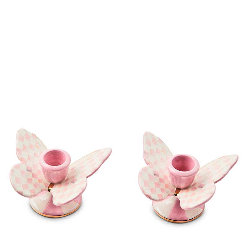 Mackenzie-childs Rosy Check Butterfly Candle Holders, Set Of 2 In Rosy Check