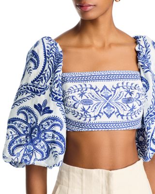 Linen Balloon Sleeve Cropped Top