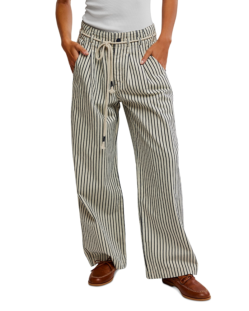 Free People Womens Dakota Cinched Striped Denim Trousers Washed Railroad In Washed Railroad