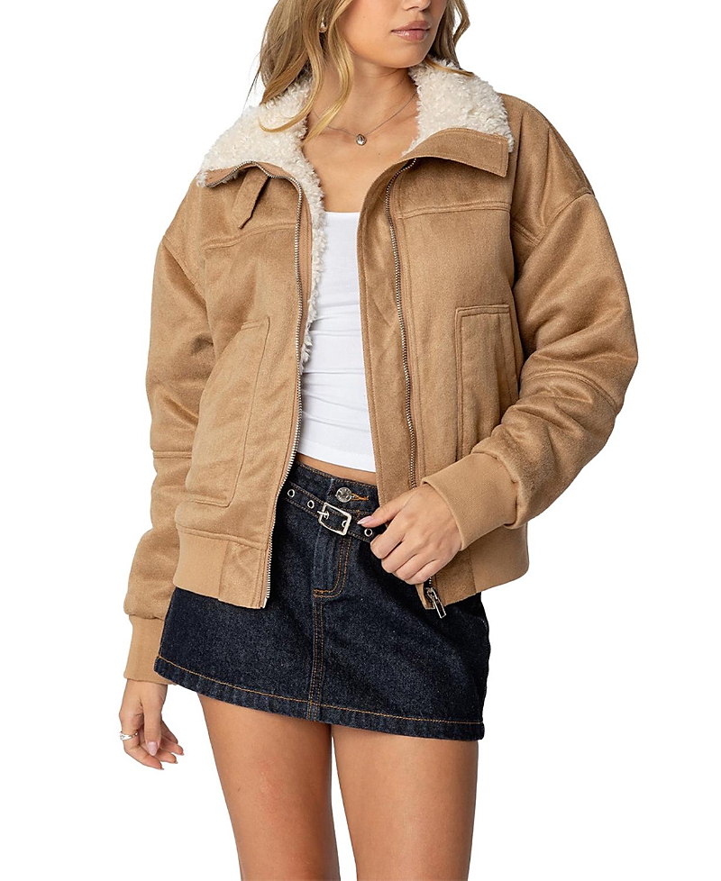 Edikted Faux Suede Shearling Bomber Jacket In Tan