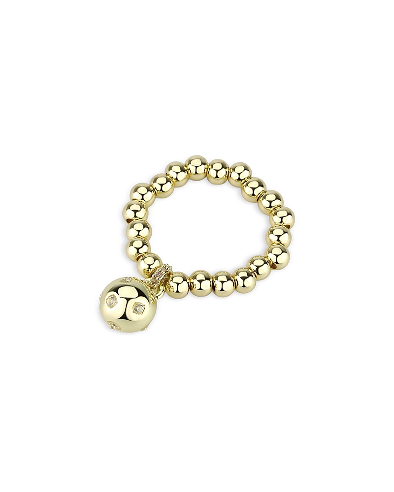 Aqua Cubic Zirconia & Yellow Gold Tone Bead Stretch Ring - Exclusive In Gold