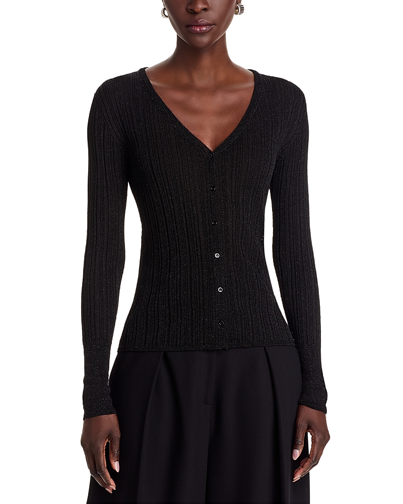 MAJESTIC NOVELTY METALLIC RIB V NECK CARDIGAN
