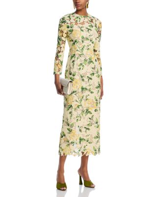 Long Sleeve Printed Garden Rose Guipure Dress