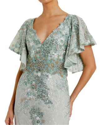 Bell Sleeve Floral Embellished Gown