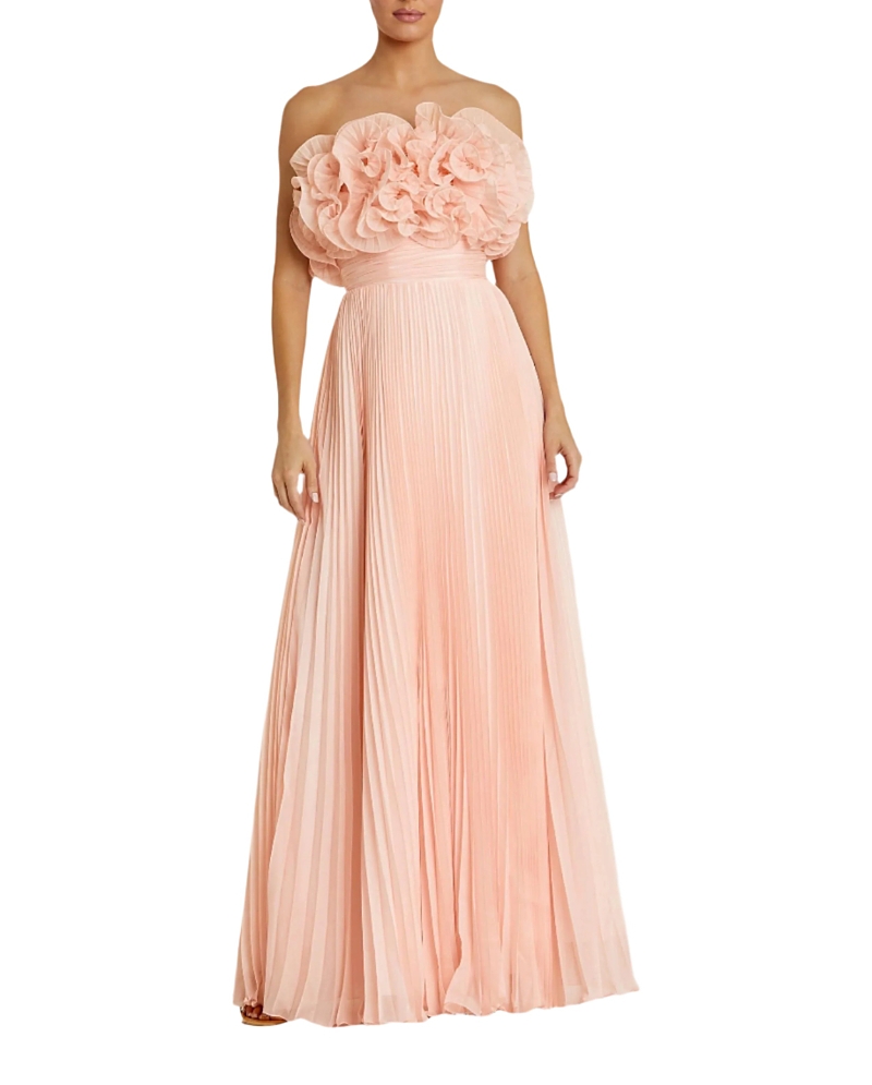 MAC DUGGAL PLEATED CHIFFON STRAPLESS GOWN WITH RUFFLES