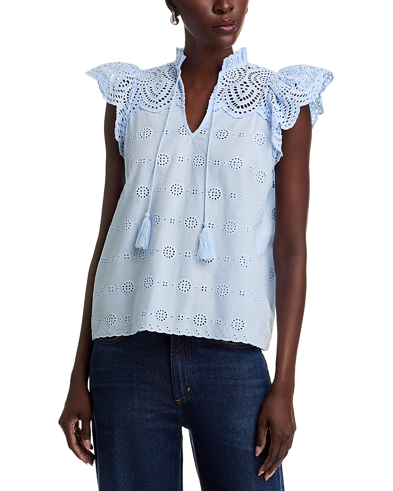 Shop Aqua Eyelet Flutter Sleeve Top - Exclusive In Sky Blue