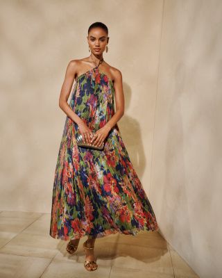 Metallic Knit Pleat Floral Halter Midi Dress - Exclusive