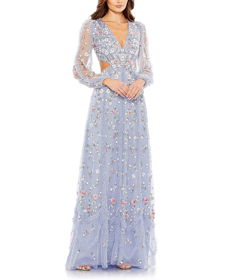Mac Duggal Long Sleeve Embellished Cut Out A-line Gown In Periwinkle