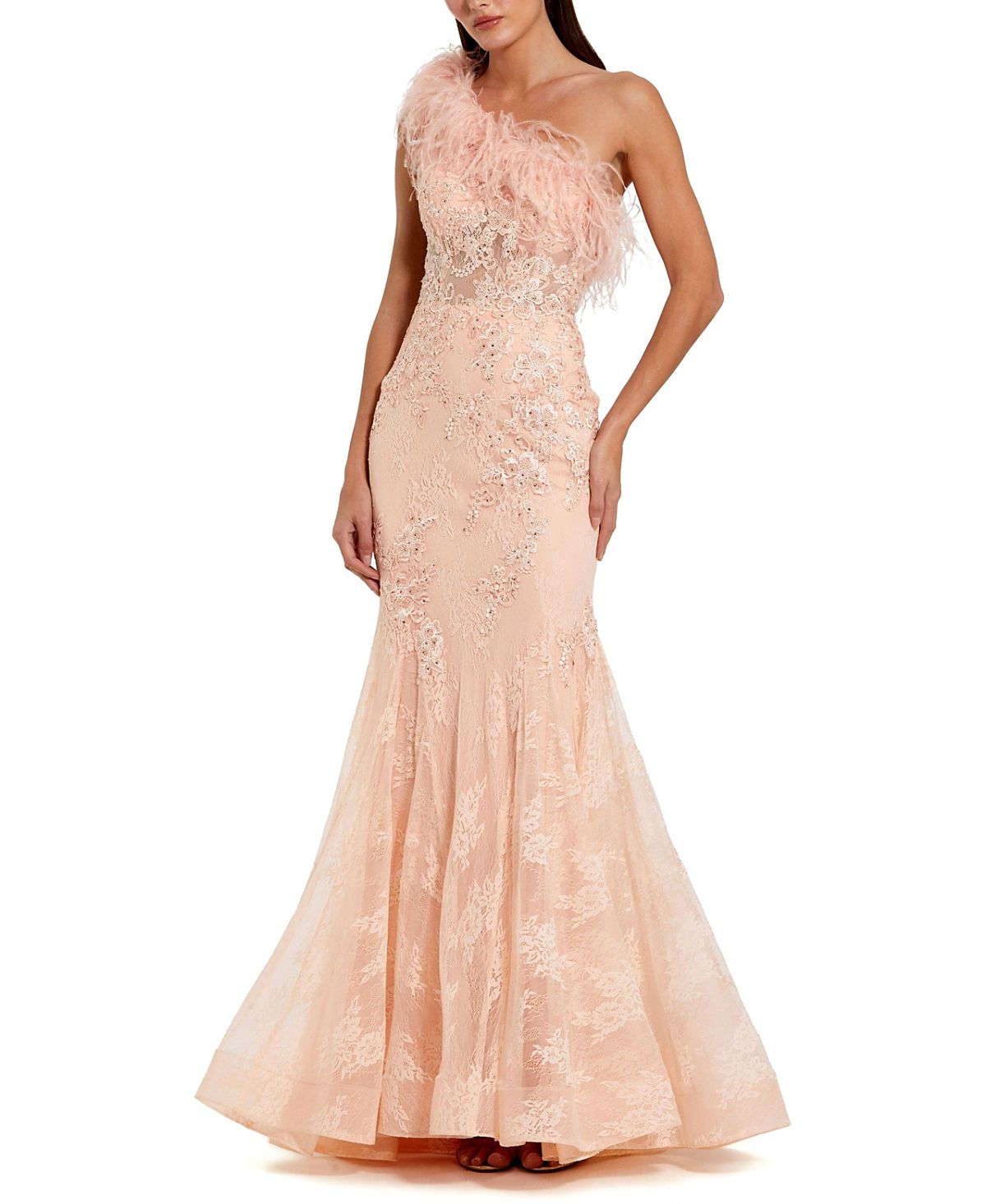 Mac Duggal One Shoulder Feather Embellished Mermaid Gown
