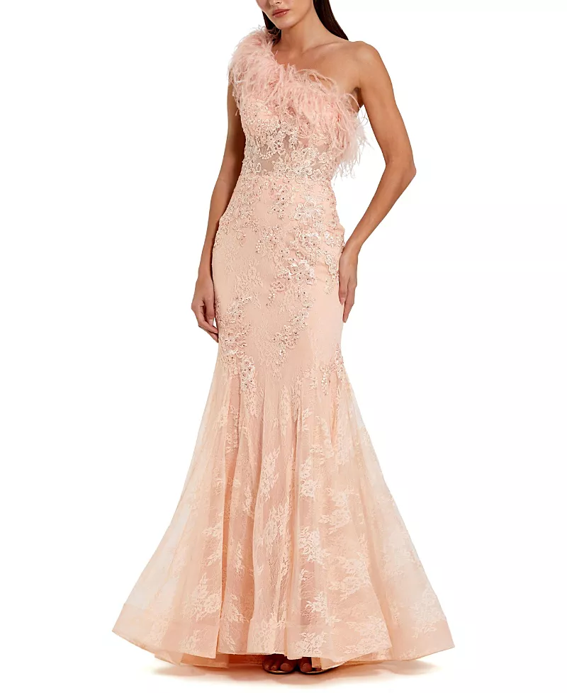 Mac Duggal One Shoulder Feather Embellished Mermaid Gown