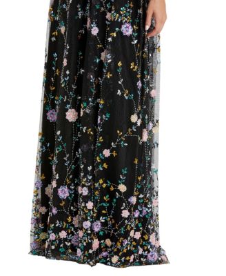 Embellished Illusion Butterfly Sleeve V Neck Gown