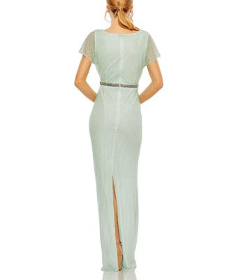 Short Sleeve Beaded V-Neck Gown