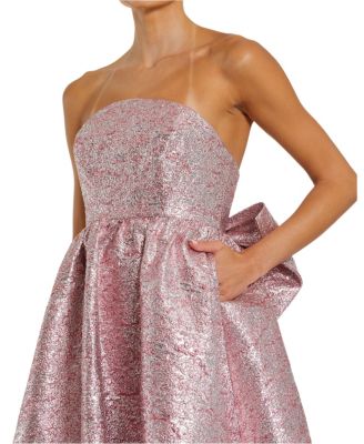 Metallic Strapless Brocade Gown With Oversized Bow