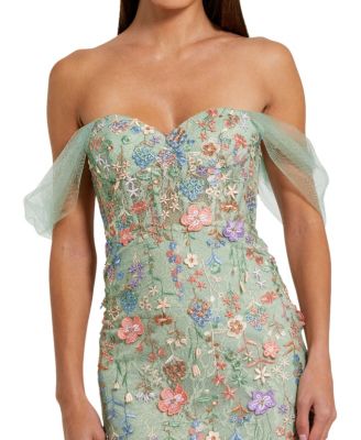 Off The Shoulder Bustier Emboridered Net Gown