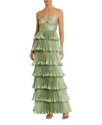 Pleated Charmeuse Strapless Tiered Ruffle Gown