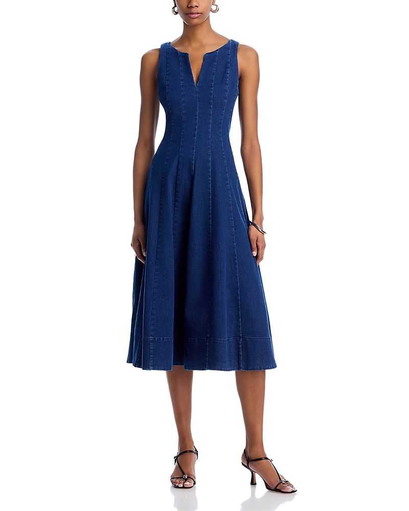 AQUA DENIM PANEL V NECK SLEEVELESS MIDI DRESS - EXCLUSIVE