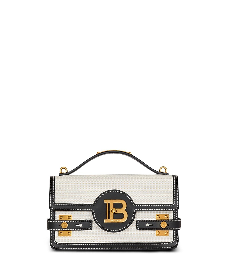 Balmain B-buzz 24 Shoulder Bag In Raffia And Calfskin