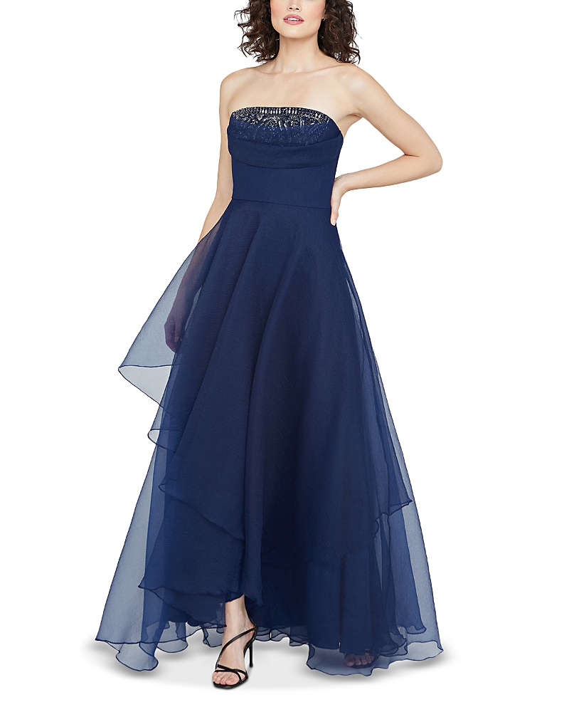 Theia Aubrey Strapless Beaded Organza Gown In Navy