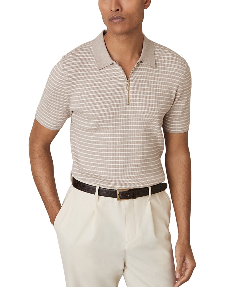 Reiss Fallow Half Zip Stripe Knitted Polo Shirt In Oatmeal Melange