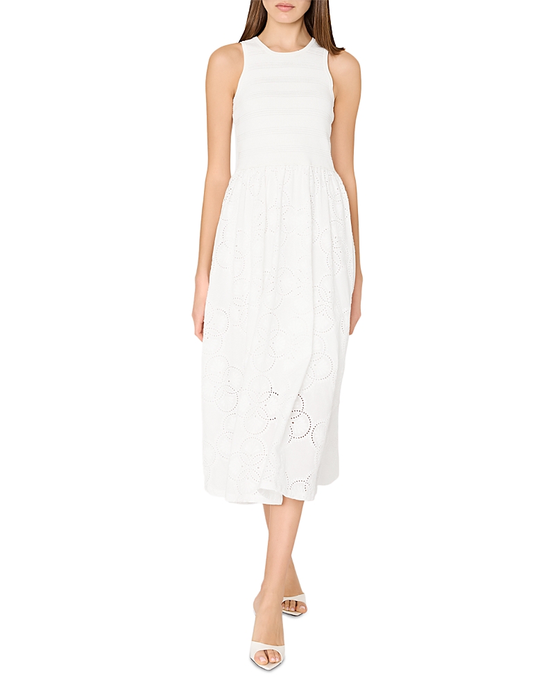 Milly Geo Eyelet Knit Combo Midi Dress In Ecru