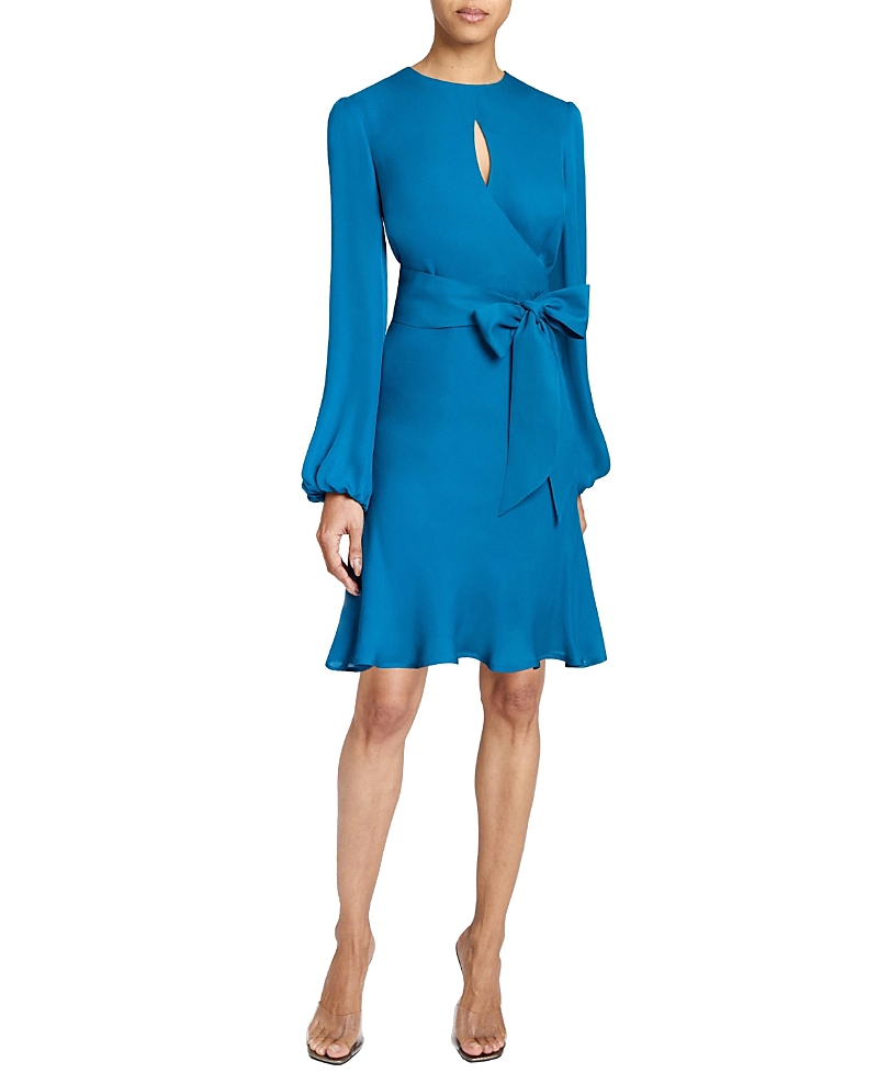 Santorelli Nola Long Sleeve Keyhole Knee-length Dress In Silk Georgette In Blue
