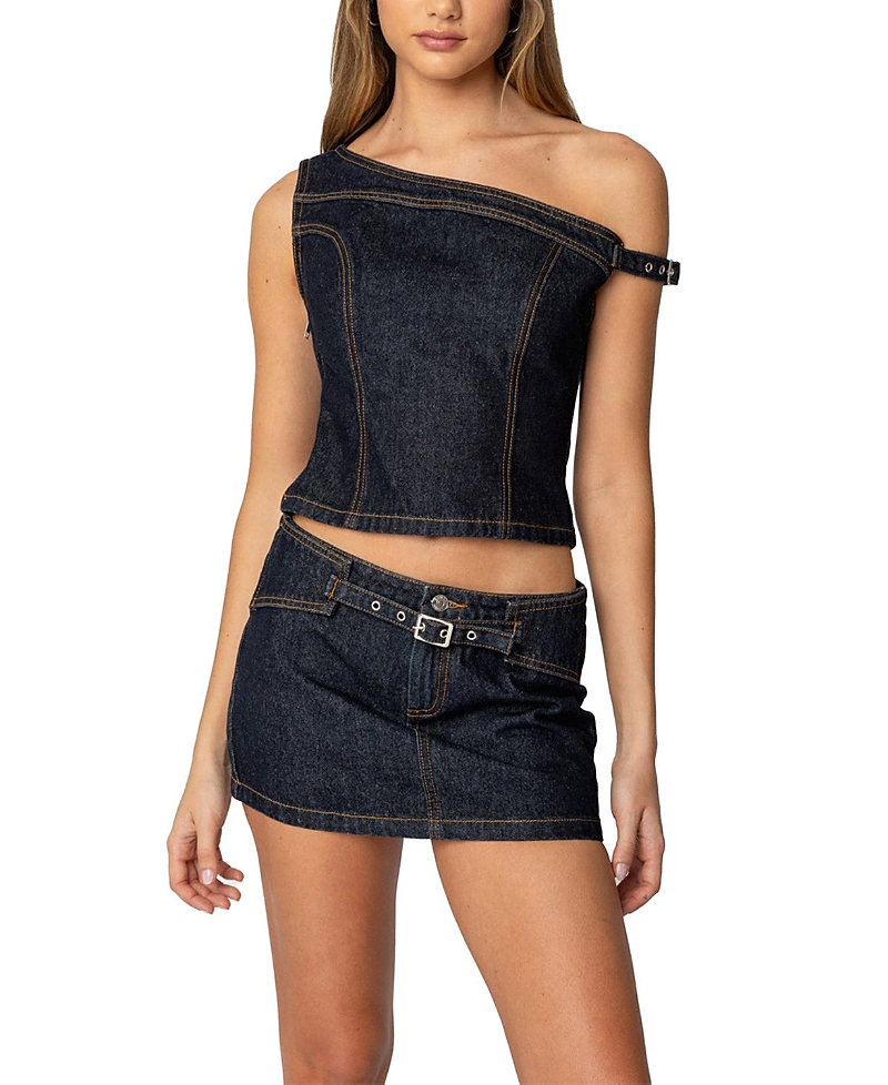 Edikted Keira Denim One-shoulder Top In Dark Blue