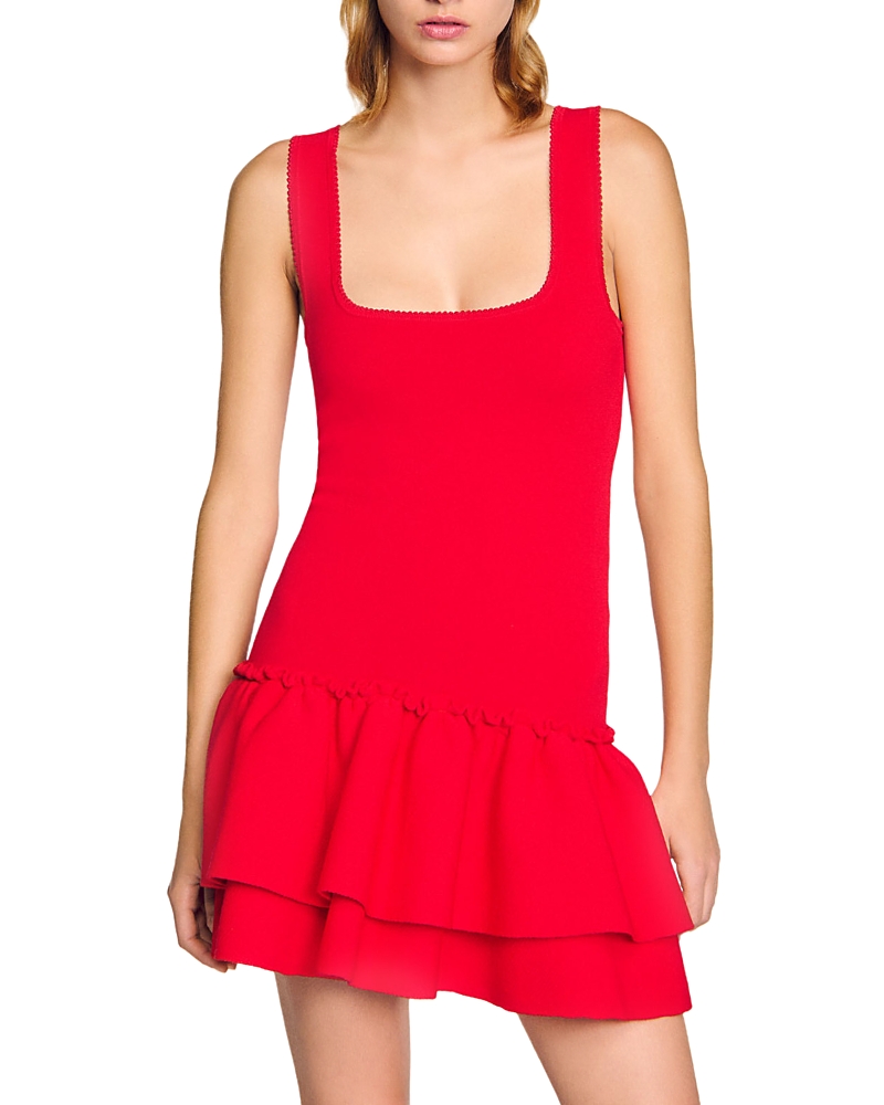 Sandro Short Knit Dress With Ruffles In Red