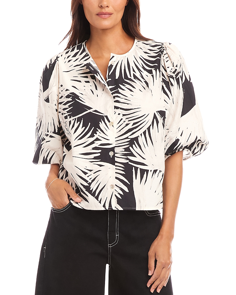 Karen Kane Palm Print Puff Sleeve Cotton Button-up Top In Print