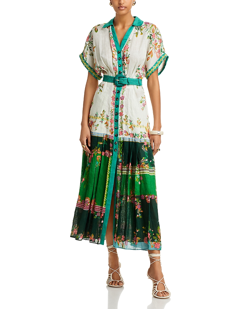 Saloni Riya Belted Pleated Floral-print Linen-voile Dress In Zinnia River