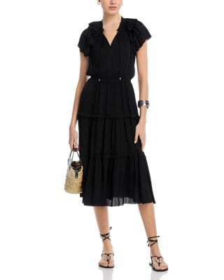 Flutter Sleeve Split Neck Flare Airflow Dress