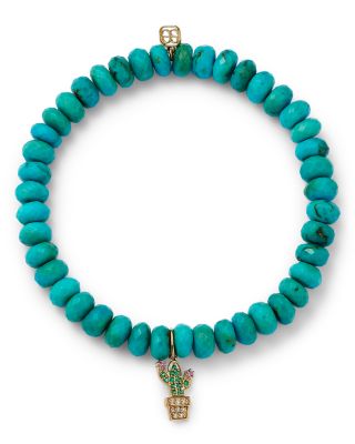Sydney Evan - 14K Yellow Gold Diamond, Pink Sapphire & Emerald Potted Cactus Charm Beaded Bracelet
