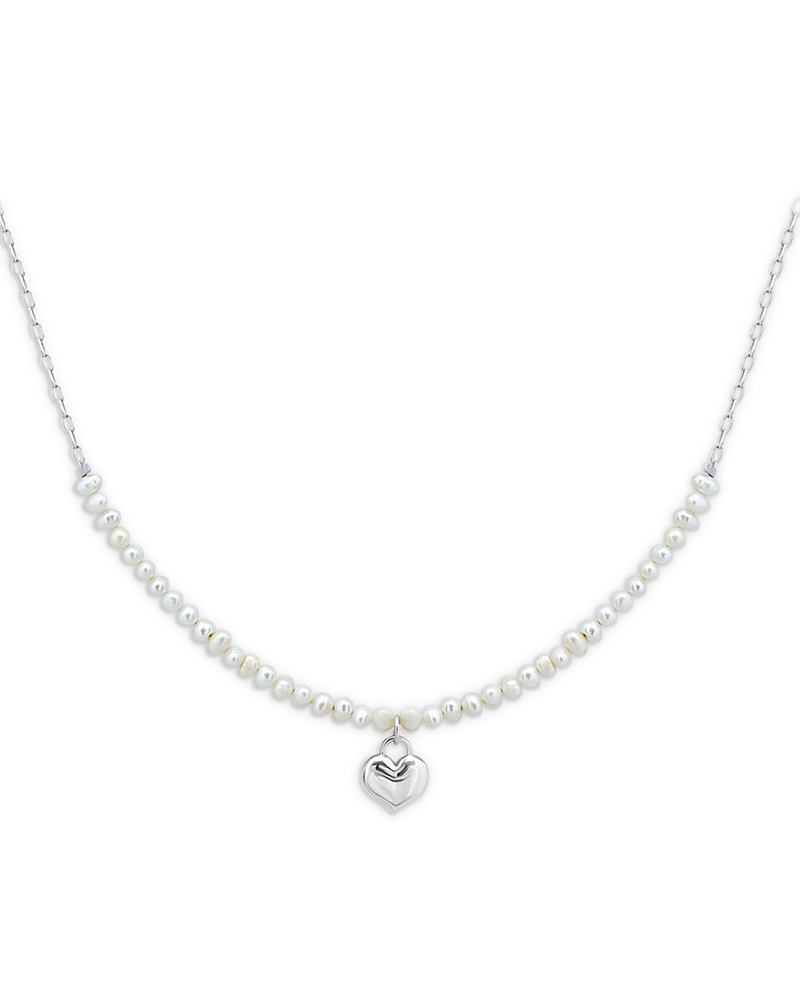 Aqua Heart & Cultured Freshwater Pearl Pendant Necklace in Sterling Silver, 16
